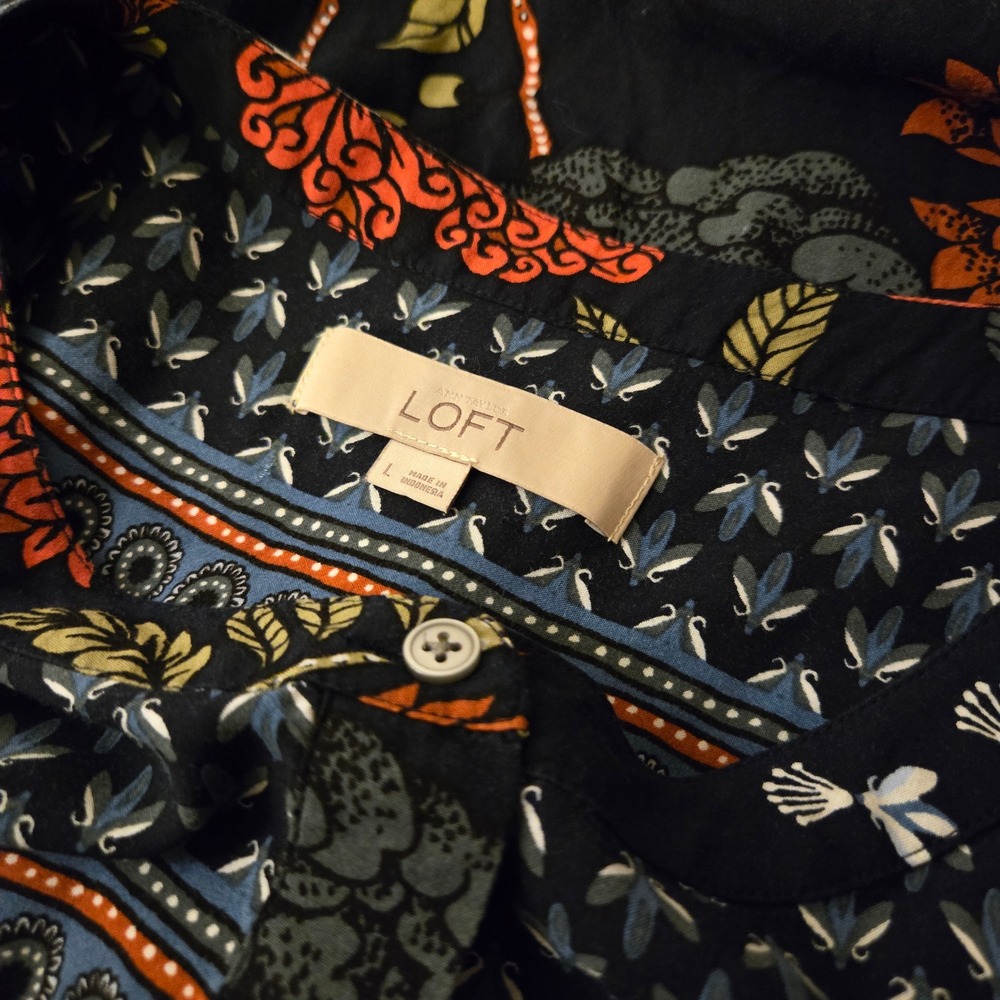 LOFT Womens Black Floral Mixed Print Long Sleeve Rayon Henley Blouse Size L - Picture 3 of 4